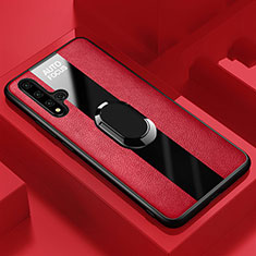 Huawei Honor 20 Pro用シリコンケース ソフトタッチラバー レザー柄 アンド指輪 マグネット式 T01 ファーウェイ レッド