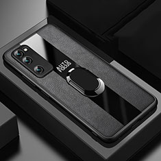 Huawei Honor 30 Lite 5G用シリコンケース ソフトタッチラバー レザー柄 アンド指輪 マグネット式 ファーウェイ ブラック