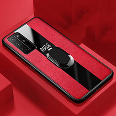 Huawei Honor 30S用シリコンケース ソフトタッチラバー レザー柄 アンド指輪 マグネット式 ファーウェイ レッド
