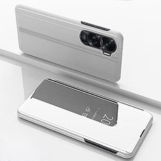 Huawei Honor 90 Lite 5G用手帳型 レザーケース スタンド 鏡面 カバー ファーウェイ シルバー