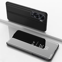 Huawei Honor 90 Lite 5G用手帳型 レザーケース スタンド 鏡面 カバー ファーウェイ ブラック