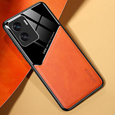 Huawei Honor 90 Lite 5G用シリコンケース ソフトタッチラバー レザー柄 アンドマグネット式 ファーウェイ オレンジ
