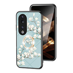 Huawei Honor 90 Pro 5G用ハイブリットバンパーケース プラスチック 鏡面 花 カバー S01 ファーウェイ シアン