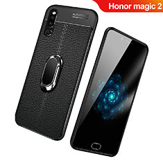 Huawei Honor Magic 2用シリコンケース ソフトタッチラバー レザー柄 アンド指輪 マグネット式 ファーウェイ ブラック