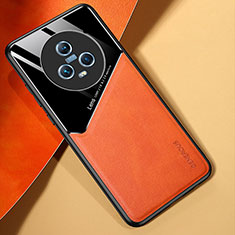 Huawei Honor Magic5 5G用シリコンケース ソフトタッチラバー レザー柄 アンドマグネット式 ファーウェイ オレンジ