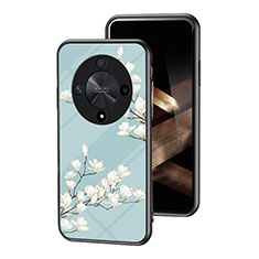 Huawei Honor Magic6 Lite 5G用ハイブリットバンパーケース プラスチック 鏡面 花 カバー ファーウェイ シアン