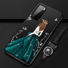 Huawei Honor Play4 5G用シリコンケース ソフトタッチラバー バタフライ ドレスガール ドレス少女 カバー ファーウェイ グリーン