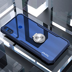 Huawei Honor V10 Lite用360度 フルカバーハイブリットバンパーケース クリア透明 プラスチック 鏡面 アンド指輪 マグネット式 ファーウェイ ネイビー