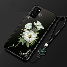 Huawei Honor V30 5G用シリコンケース ソフトタッチラバー 花 カバー ファーウェイ ブラック