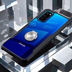 Huawei Honor V30 5G用360度 フルカバーハイブリットバンパーケース クリア透明 プラスチック 鏡面 アンド指輪 マグネット式 ファーウェイ ブラック