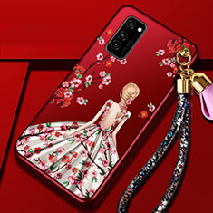 Huawei Honor V30 Pro 5G用シリコンケース ソフトタッチラバー バタフライ ドレスガール ドレス少女 カバー ファーウェイ レッド