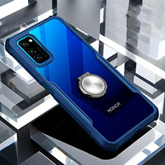 Huawei Honor V30 Pro 5G用360度 フルカバーハイブリットバンパーケース クリア透明 プラスチック 鏡面 アンド指輪 マグネット式 ファーウェイ ネイビー