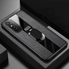 Huawei Honor X10 Max 5G用シリコンケース ソフトタッチラバー レザー柄 アンド指輪 マグネット式 T01 ファーウェイ ブラック