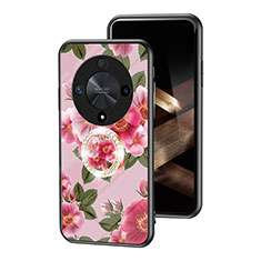 Huawei Honor X9b 5G用ハイブリットバンパーケース プラスチック 鏡面 花 カバー S01 ファーウェイ レッド