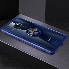 Huawei Mate 20用360度 フルカバーハイブリットバンパーケース クリア透明 プラスチック 鏡面 アンド指輪 マグネット式 ファーウェイ ネイビー