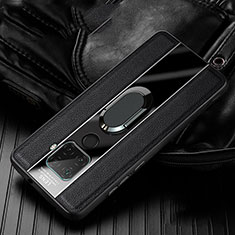 Huawei Mate 30 Lite用シリコンケース ソフトタッチラバー レザー柄 アンド指輪 マグネット式 S05 ファーウェイ ブラック