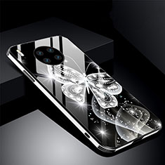 Huawei Mate 30 Pro用ハイブリットバンパーケース プラスチック 鏡面 花 カバー C01 ファーウェイ ブラック