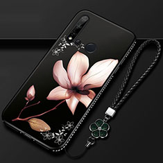 Huawei Nova 5i用シリコンケース ソフトタッチラバー 花 カバー ファーウェイ ブラウン