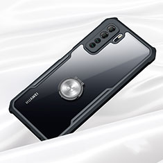 Huawei Nova 7 SE 5G用360度 フルカバーハイブリットバンパーケース クリア透明 プラスチック 鏡面 アンド指輪 マグネット式 K01 ファーウェイ ブラック