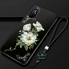 Huawei Nova 8 5G用シリコンケース ソフトタッチラバー 花 カバー ファーウェイ ブラック