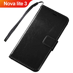Huawei Nova Lite 3用手帳型 レザーケース スタンド カバー ファーウェイ ブラック
