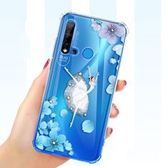 Huawei P20 Lite (2019)用極薄ソフトケース シリコンケース 耐衝撃 全面保護 クリア透明 花 ファーウェイ ネイビー