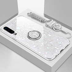 Huawei P30用ハイブリットバンパーケース プラスチック 鏡面 カバー アンド指輪 マグネット式 T01 ファーウェイ ホワイト