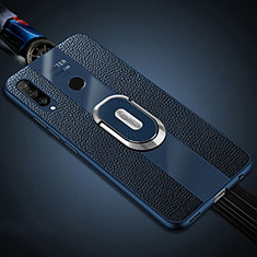 Huawei P30 Lite用シリコンケース ソフトタッチラバー レザー柄 アンド指輪 マグネット式 T03 ファーウェイ ネイビー