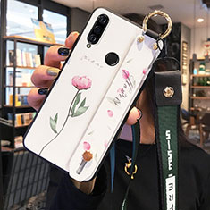 Huawei P30 Lite New Edition用シリコンケース ソフトタッチラバー 花 カバー K03 ファーウェイ ピンク