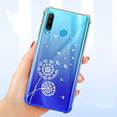 Huawei P30 Lite XL用極薄ソフトケース シリコンケース 耐衝撃 全面保護 クリア透明 花 ファーウェイ ホワイト