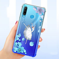 Huawei P30 Lite XL用極薄ソフトケース シリコンケース 耐衝撃 全面保護 クリア透明 花 ファーウェイ ネイビー