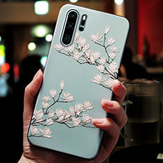 Huawei P30 Pro用シリコンケース ソフトタッチラバー 花 ファーウェイ シアン