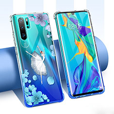 Huawei P30 Pro用極薄ソフトケース シリコンケース 耐衝撃 全面保護 クリア透明 花 T02 ファーウェイ ネイビー