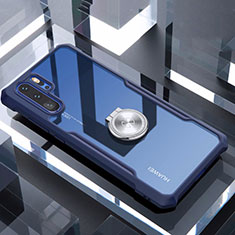 Huawei P30 Pro New Edition用360度 フルカバーハイブリットバンパーケース クリア透明 プラスチック 鏡面 アンド指輪 マグネット式 ファーウェイ ネイビー