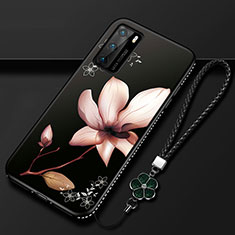 Huawei P40用シリコンケース ソフトタッチラバー 花 カバー S01 ファーウェイ ブラウン