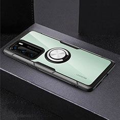 Huawei P40用360度 フルカバーハイブリットバンパーケース クリア透明 プラスチック 鏡面 アンド指輪 マグネット式 ファーウェイ シルバー・ブラック