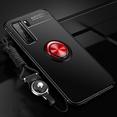 Huawei P40 Lite 5G用極薄ソフトケース シリコンケース 耐衝撃 全面保護 アンド指輪 マグネット式 バンパー T01 ファーウェイ レッド・ブラック
