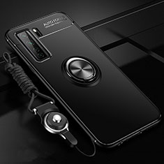 Huawei P40 Lite 5G用極薄ソフトケース シリコンケース 耐衝撃 全面保護 アンド指輪 マグネット式 バンパー T01 ファーウェイ ブラック