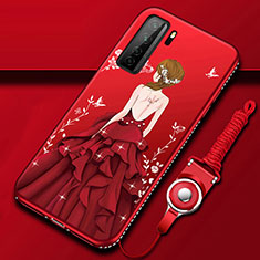 Huawei P40 Lite 5G用シリコンケース ソフトタッチラバー バタフライ ドレスガール ドレス少女 カバー K01 ファーウェイ レッド