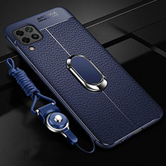 Huawei P40 Lite用シリコンケース ソフトタッチラバー レザー柄 アンド指輪 マグネット式 T03 ファーウェイ ネイビー