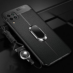 Huawei P40 Lite用シリコンケース ソフトタッチラバー レザー柄 アンド指輪 マグネット式 T03 ファーウェイ ブラック