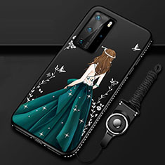 Huawei P40 Pro用シリコンケース ソフトタッチラバー バタフライ ドレスガール ドレス少女 カバー ファーウェイ グリーン