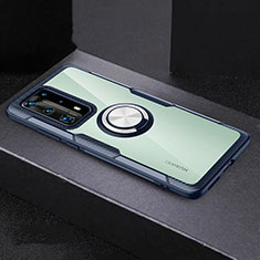 Huawei P40 Pro+ Plus用360度 フルカバーハイブリットバンパーケース クリア透明 プラスチック 鏡面 アンド指輪 マグネット式 ファーウェイ グレー