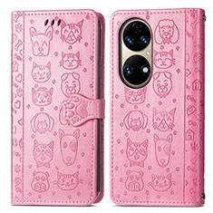 Huawei P50 Pro用手帳型 レザーケース スタンド パターン カバー S03D ファーウェイ ピンク