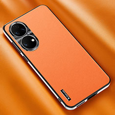 Huawei P50 Pro用ケース 高級感 手触り良いレザー柄 AT2 ファーウェイ オレンジ
