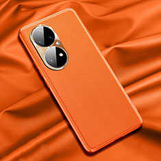 Huawei P50 Pro用ケース 高級感 手触り良いレザー柄 QK1 ファーウェイ オレンジ