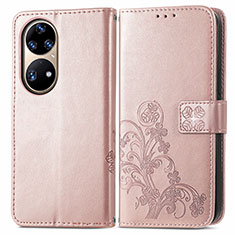 Huawei P50e用手帳型 レザーケース スタンド 花 カバー ファーウェイ ピンク