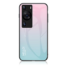 Huawei P60用ハイブリットバンパーケース プラスチック 鏡面 虹 グラデーション 勾配色 カバー LS1 ファーウェイ シアン
