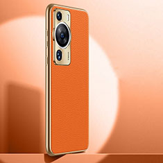 Huawei P60 Pro用ケース 高級感 手触り良いレザー柄 JB1 ファーウェイ オレンジ