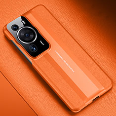 Huawei P60 Pro用ケース 高級感 手触り良いレザー柄 QK3 ファーウェイ オレンジ